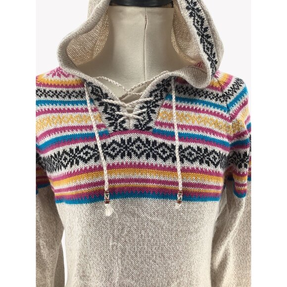 Kiss My Alpaca Multicolor Knit Hoodie Pullover Sweater Lace-Up Neck Women Size M - Picture 2 of 8